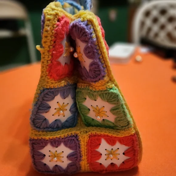Bohemian VINTAGE Colorful CRAFTED Crochet Tote Bag - Picture 14 of 16